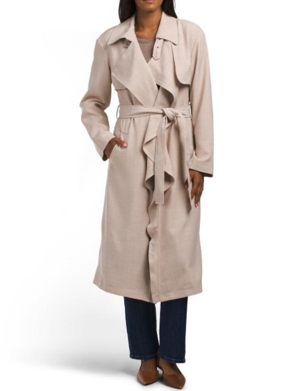 AVEC LES FILLES Beige Cascade Drape Long Trench Coat with Tie Belt